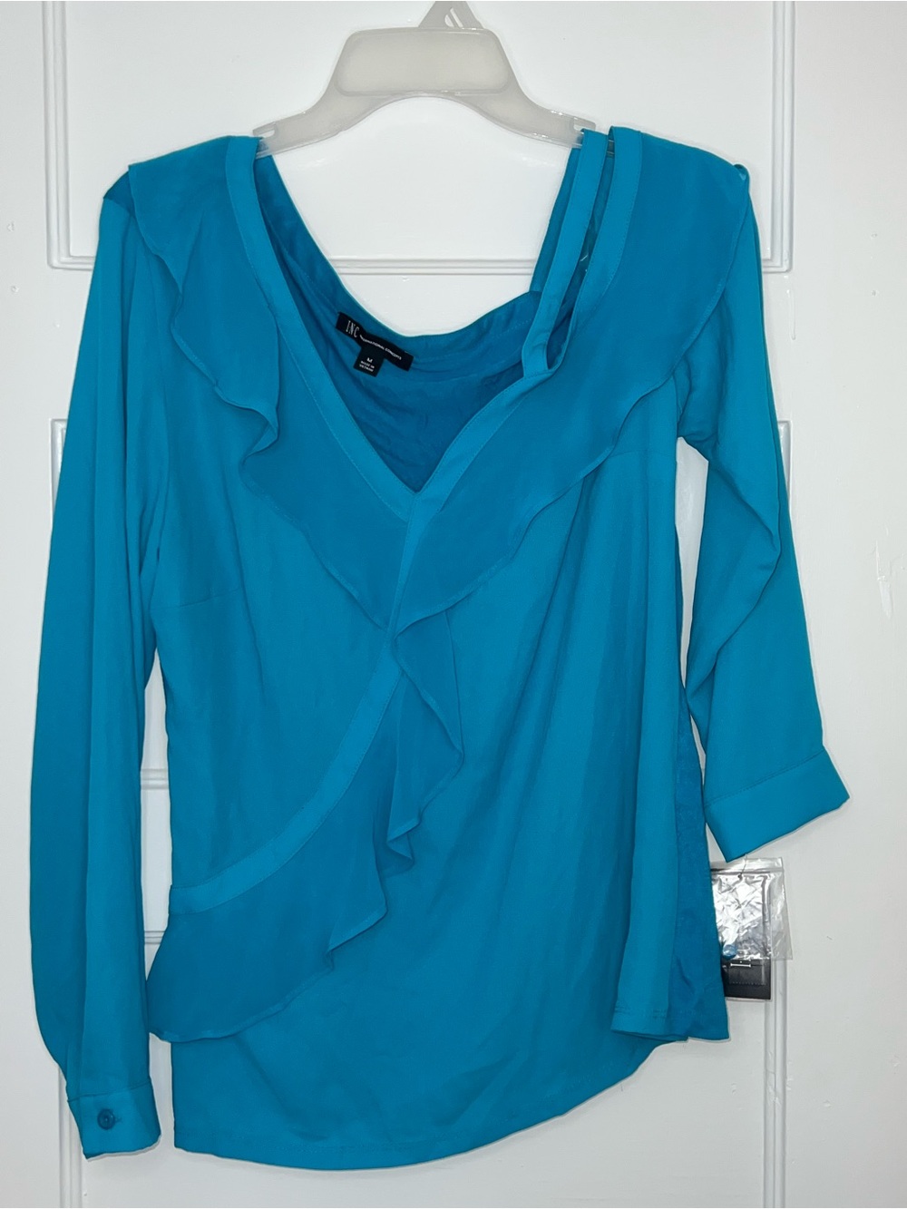 Size Med INC International Concepts Turquoise Ruffled side V-Neck LS Blouse